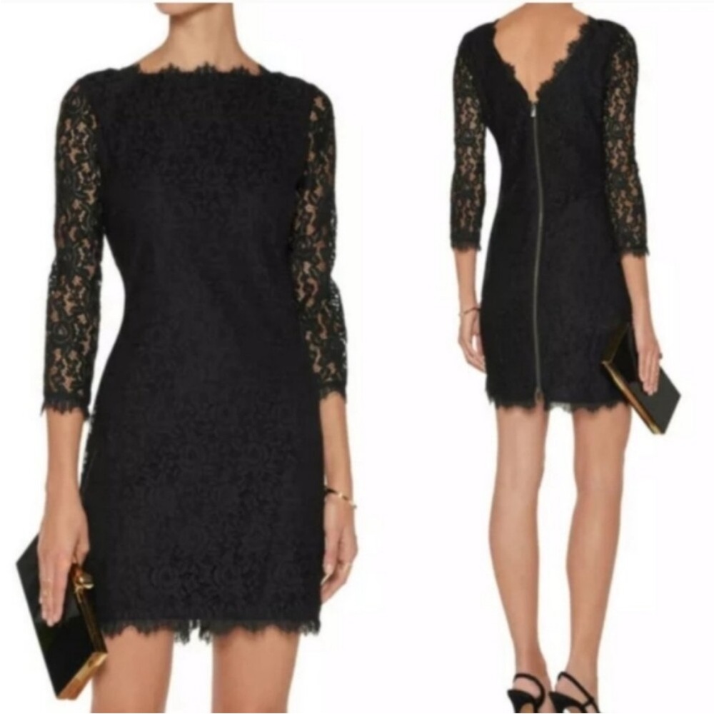 Diane Von Furstenberg Zarita Black Lace Mini Dress with Three-Quarter Sleeves